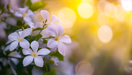 white flowers with green leaves against s vibrant bokeh background, AI generated.	