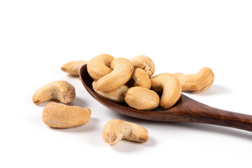 roasted salted cashew nuts isolated on whtie background.