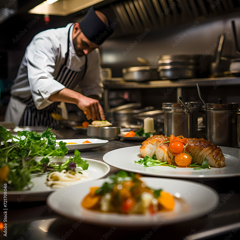 Wall mural A chef in a restaurant kitchen preparing a gourmet meal