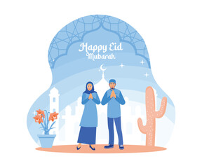 Muslim couple celebrating Ramadan. Welcoming Eid al Fitr together. Happy Eid Mubarak concept. flat vector modern illustration 