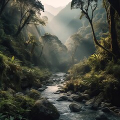 landscape of a majestic natural jungle with leafy trees and rivers