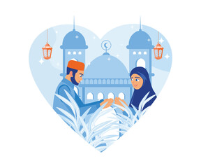  Happy Muslim family welcoming Eid al Fitr. Celebrating victory after one month of fasting. Happy Eid Mubarak concept. flat vector modern illustration 