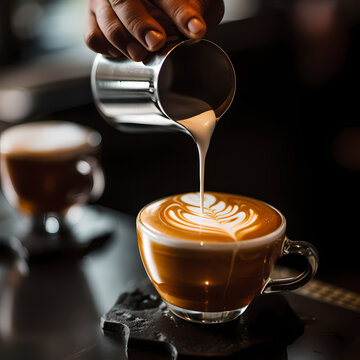 A close-up of a barista pouring latte art.