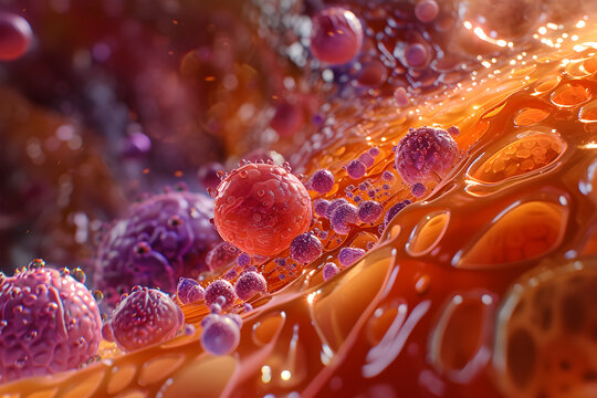 illustration of white blood cells and red blood cells on colorful background