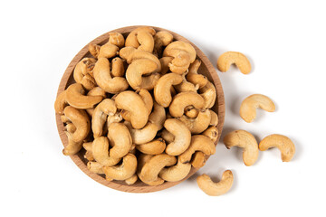 roasted salted cashew nuts isolated on whtie background.