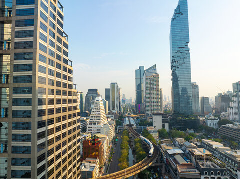 Aerial view Silom city building with BTS skytrain