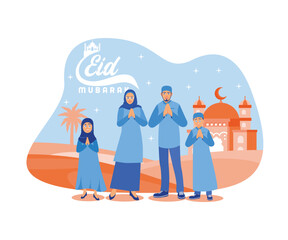 Muslim family wishes you a happy Eid. Celebrate Eid al Fitr happily. Happy Eid Mubarak concept. flat vector modern illustration 