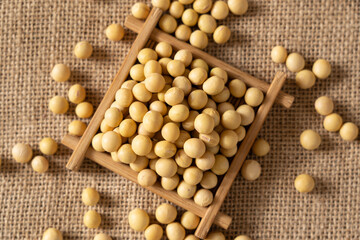 Dried soybeans seeds on table.