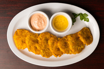deep fried plantains with dipping sauces