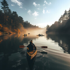 A group of people kayaking on a tranquil lake. 