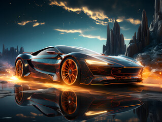 Modern Sports Car Driving on Track with Speed ​​of Light Effect - obrazy, fototapety, plakaty