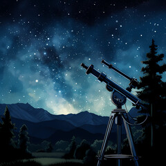 A telescope aimed at a starry night sky.