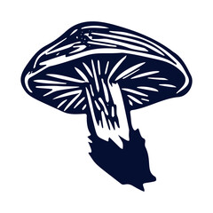 Handmade blockprint mushroom vector motif clipart in folkart scandi style. Simple monochrome linocut fungi shapes with naive rural lineart.