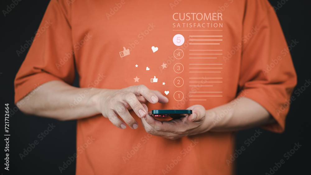 Poster customer experience concept, best excellent services rating by online application, customer using a 