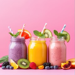 A collection of Summer  fruit juice in jars . healthy 