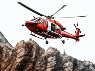 Helicopter Flying High Above Mountain Range - AI Generated