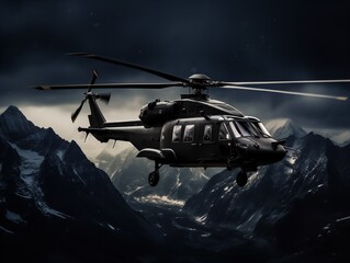 Helicopter Flying High Above Mountain Range - AI Generated - obrazy, fototapety, plakaty