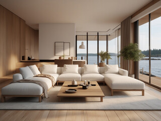 Fototapeta na wymiar Coastal Lounge, Relaxing Seaside Living Room with Beige Sofa