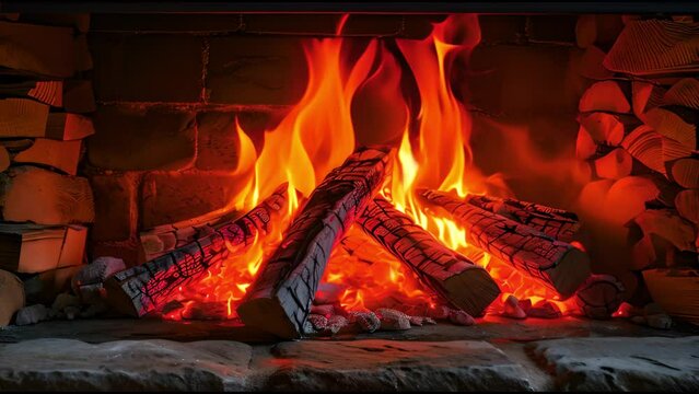 Home fireplace with red flame and firewood, 4K video relaxing endless footage.