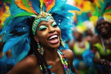 Joyful carnival dancer in a feathered costume. - obrazy, fototapety, plakaty