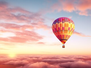 Obraz premium Dreamy Hot Air Balloon Floating in Blue Sky - AI Generated