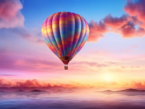 Dreamy Hot Air Balloon Floating in Blue Sky - AI Generated