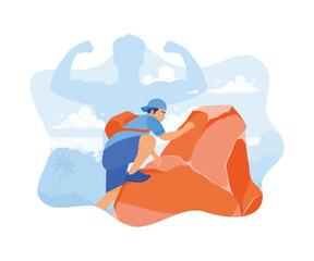 A strong man with a bag on his back climbs a cliff. Self-development, success, and life goals. Self-improvement concept. flat vector modern illustration 