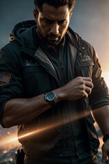 Soldier looking at the time. AI generated.