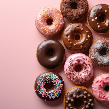 delicious donuts on pink background. so sweet looking