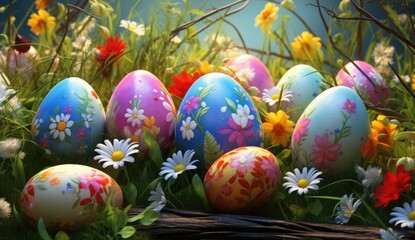 Fototapeta na wymiar Colorful Easter eggs in a nest among spring flowers.