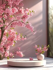 podium with spring background, mockup display stand for product presentation, hyper detailed, photorealistic, 16K, ultra realistic, no watermark - generative ai
