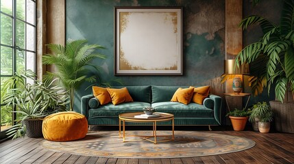 Generative AI : Luxury living room in house with modern interior design, green velvet sofa, 