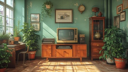 Generative AI : Retro living room design with old television, cabinet and radio along with work area with typewriter - obrazy, fototapety, plakaty
