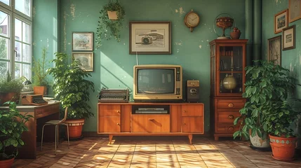 Kussenhoes Generative AI : Retro living room design with old television, cabinet and radio along with work area with typewriter © The Little Hut