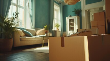 Fototapeta premium Moving house, relocation. New house, inside the room was a cardboard box containing personal belongings and furniture. move in the apartment or condominium. Generate by AI