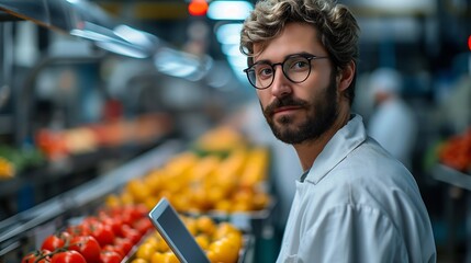 Generative AI : Technologist expert using tablet computer in food factory production line.  - obrazy, fototapety, plakaty