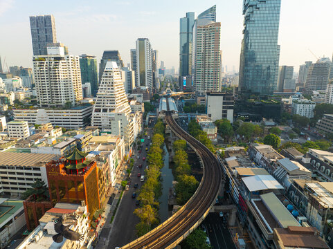 Aerial view Silom city building with BTS skytrain