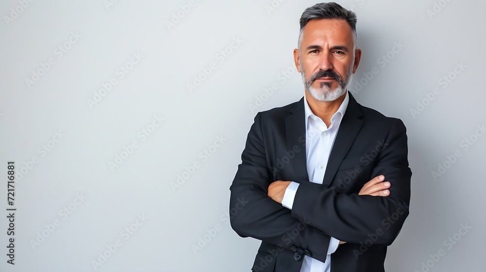 Poster generative ai : good-looking middle-aged businessman with arms crossed isolated in white background
