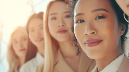 Fototapeta premium Generative AI : Diversity, portrait selfie and business women teamwork, global success or group empowerment in office leadership. 