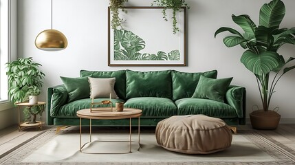 Generative AI : Luxury living room in house with modern interior design, green velvet sofa, 