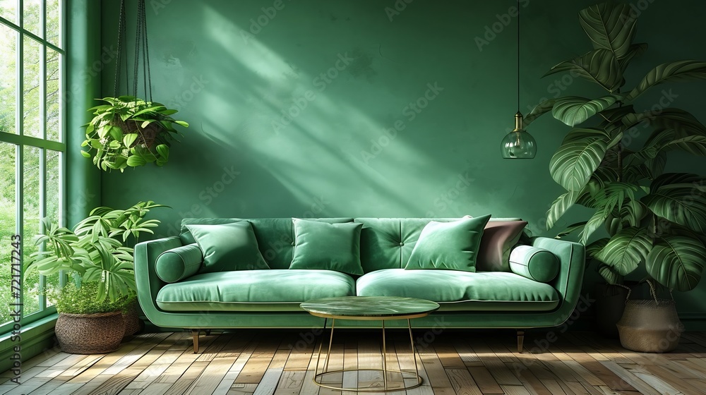 Poster Generative AI : Green sofa with table on green wall and wooden flooring.3d rendering