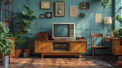 Generative AI : Retro living room design with old television, cabinet and radio along with work area with typewriter - obrazy, fototapety, plakaty