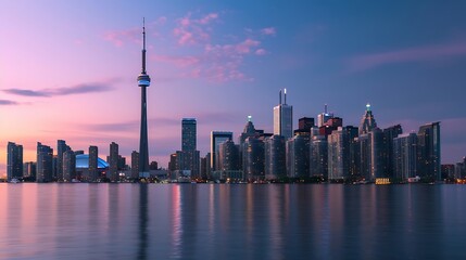 Generative AI : Canada- Ontario- Toronto- Skyline of lakeshore city at dusk