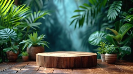 Generative AI : Natural wood podium with tropical leaves shadow in the background.