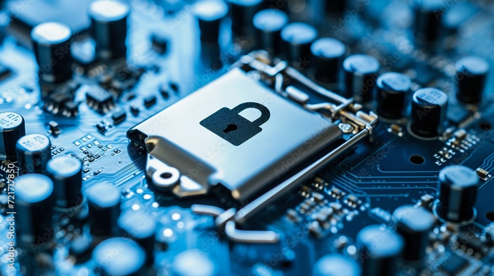 Poster advanced cybersecurity concept with encrypted chip. generative ai