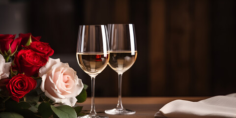 Beautiful table and delicious wine Valentine s day dinner image with champagne glasses romantic drink red rose  love themed table .