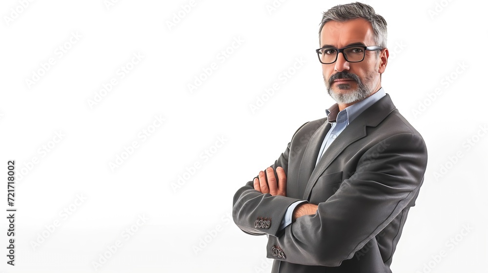 Poster Generative AI : Good-looking middle-aged businessman with arms crossed isolated in white background