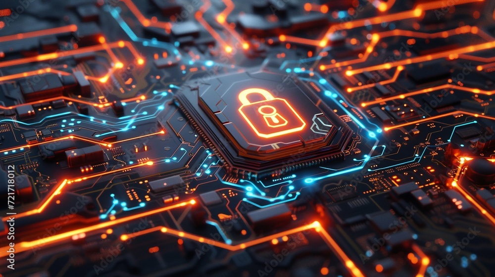 Poster advanced cybersecurity concept with encrypted chip. generative ai