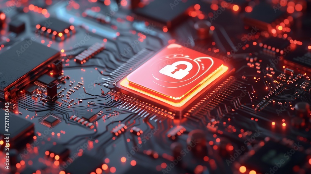 Poster advanced cybersecurity concept with encrypted chip. generative ai
