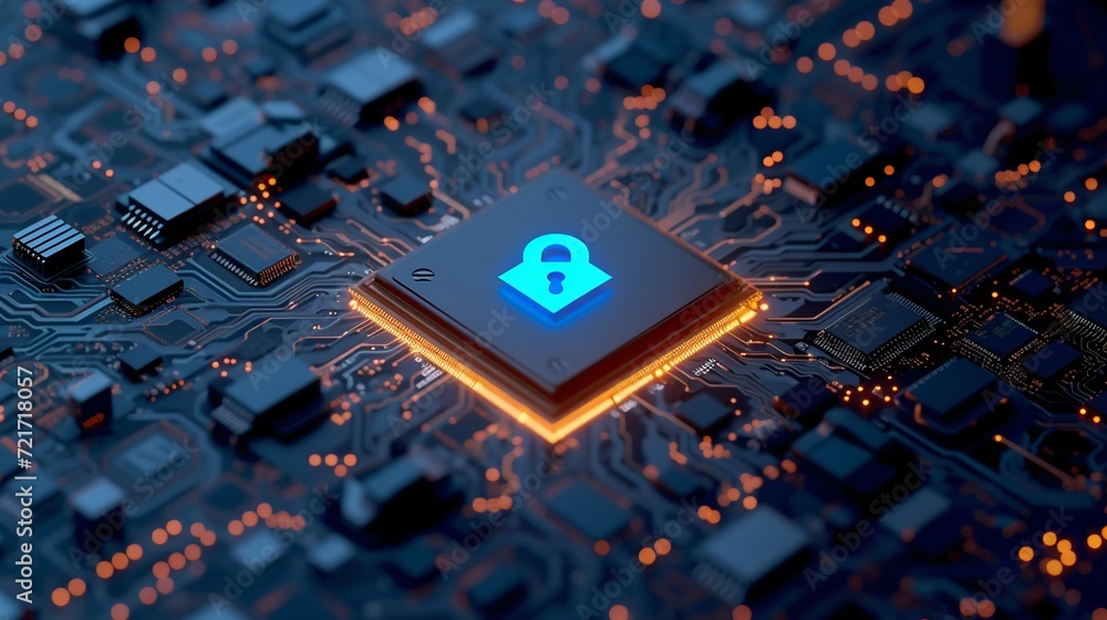 Poster advanced cybersecurity concept with encrypted chip. generative ai